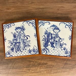 Bjorn Winnblad Trivets Wood Tile, Blue and White Hot Pads, 60s Denmark Art Tiles